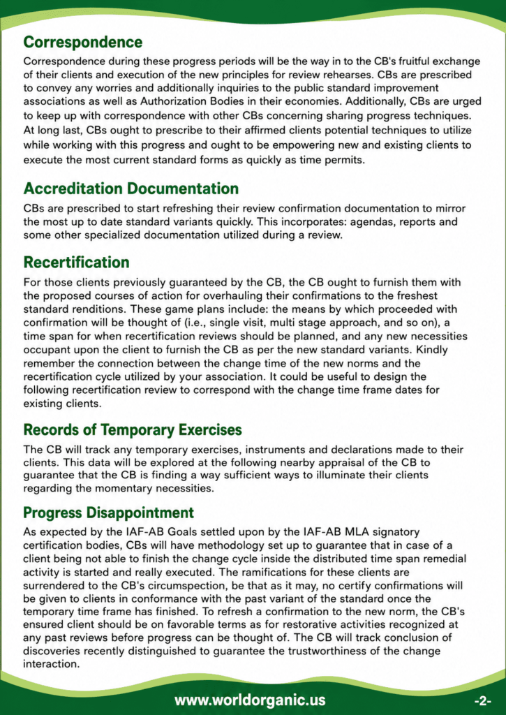 A formal policy document page from the World Organic Accreditation Board outlining sections on Correspondence, Accreditation Documentation, Recertification, Records of Temporary Exercises, and Progress Disappointment.