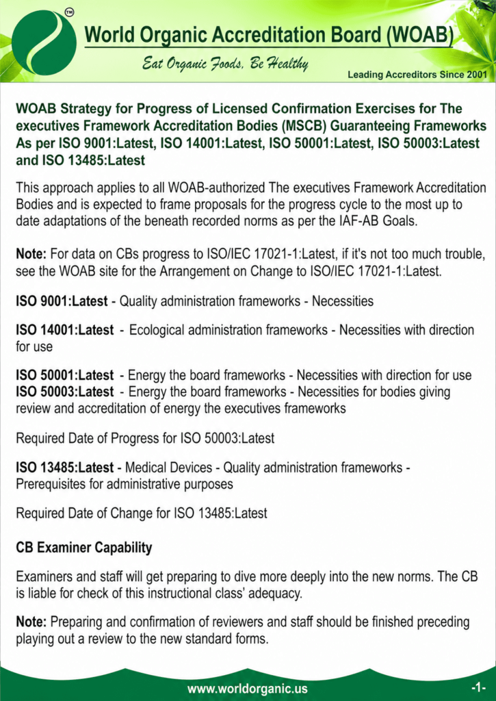A formal document page from the World Organic Accreditation Board (WOAB) outlining standard standards for management system accreditation bodies, including ISO 9001, ISO 14001, ISO 50001, ISO 50003, and ISO 13485.