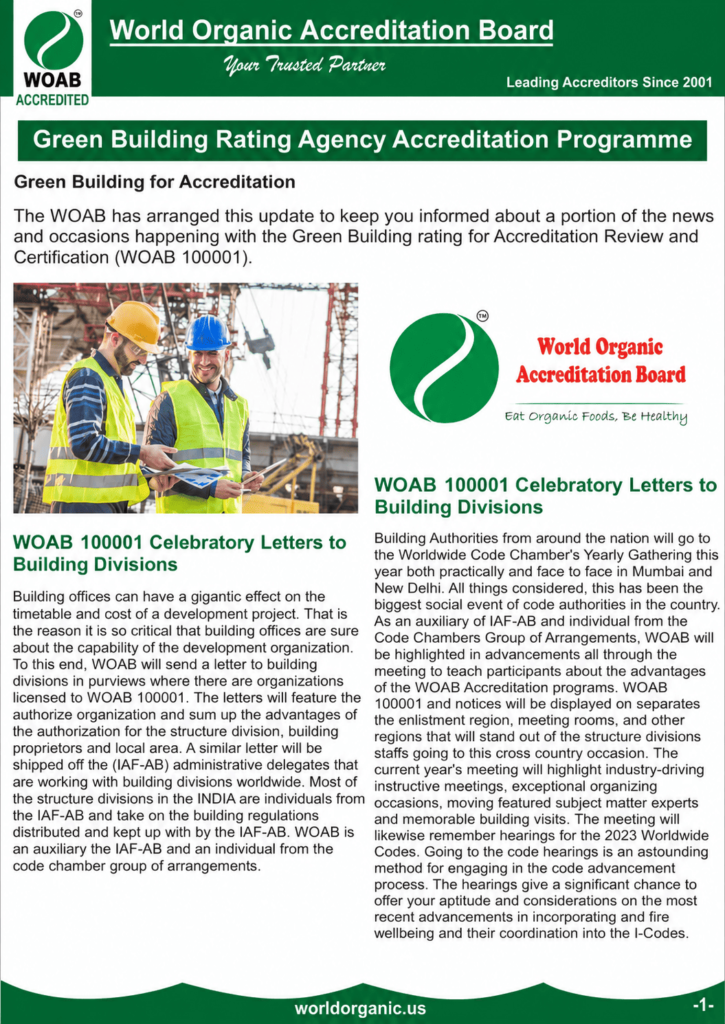 A newsletter-style document page from the World Organic Accreditation Board detailing the "Green Building Rating Agency Accreditation Programme" with an image of two construction workers on site and a secondary WOAB logo with the slogan "Eat Organic Foods, Be Healthy."