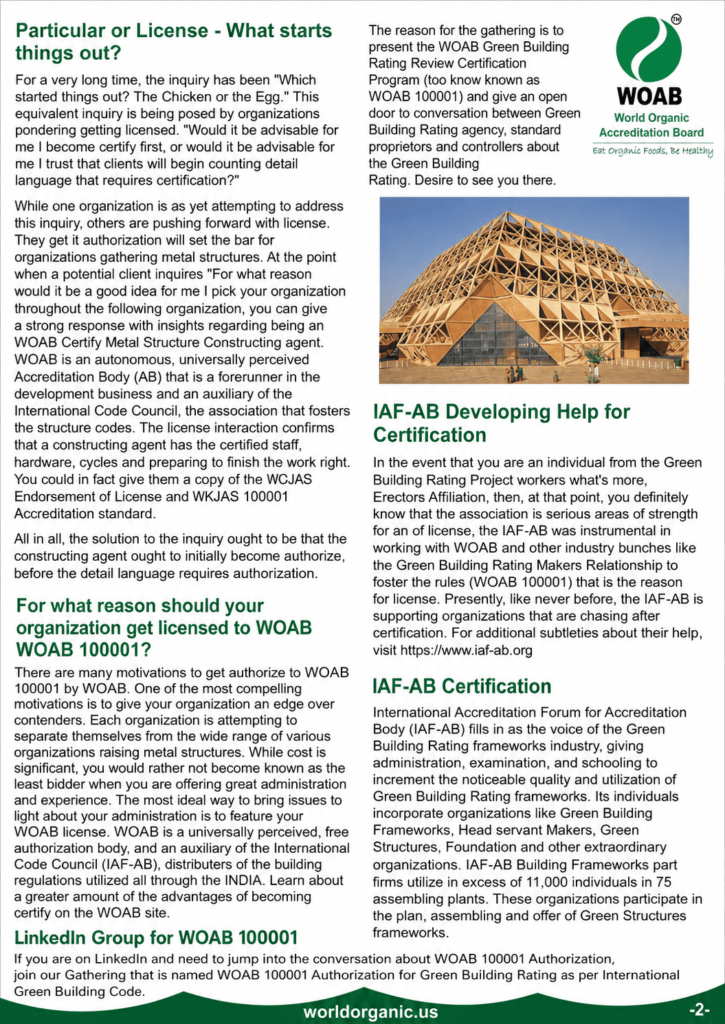 A policy newsletter page from the World Organic Accreditation Board discussing licensing strategies, WOAB 100001 motivation, and IAF-AB support, featuring a photo of a modern dome-like wooden building structure.