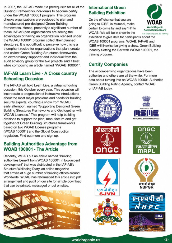 A newsletter page from the World Organic Accreditation Board featuring sections on Green Building certification, a photo of a steel building skeleton under bright sunlight, and logos of certified Indian organizations including Indian Railways, MSME, ONGC, and NHPC.