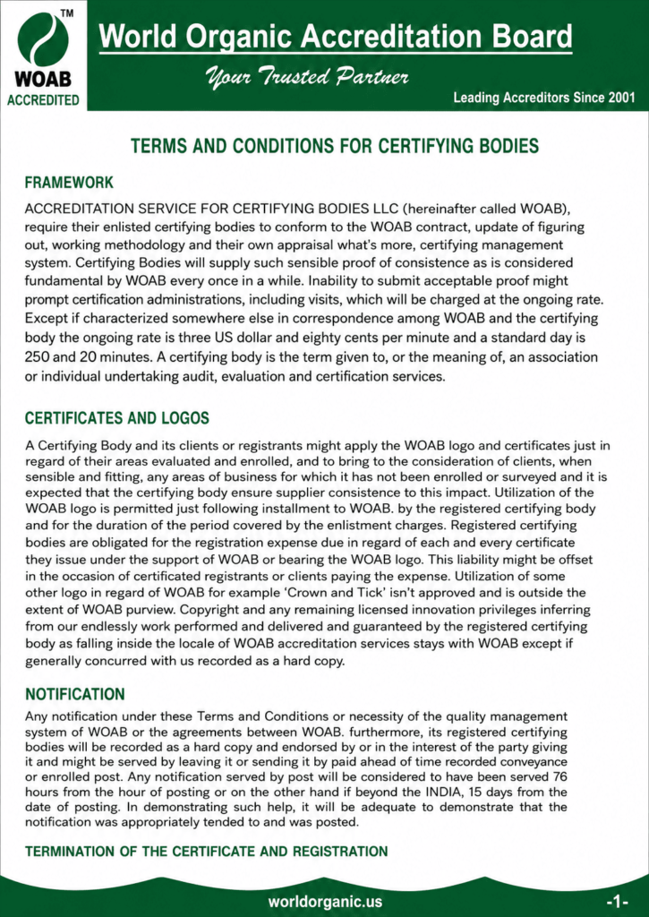 A formal policy document page from the World Organic Accreditation Board outlining the "Terms and Conditions for Certifying Bodies" with sections for Framework, Certificates and Logos, Notification, and Termination of the Certificate and Registration.