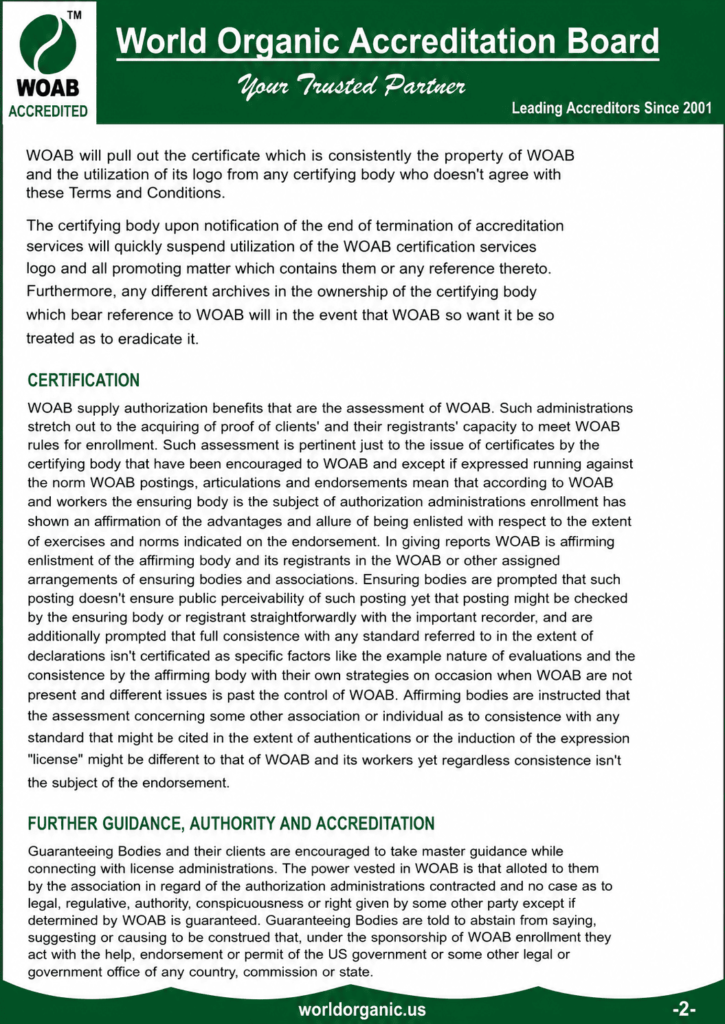 A formal policy document page from the World Organic Accreditation Board outlining terms for certification, logo termination, and guidelines for authority and accreditation.