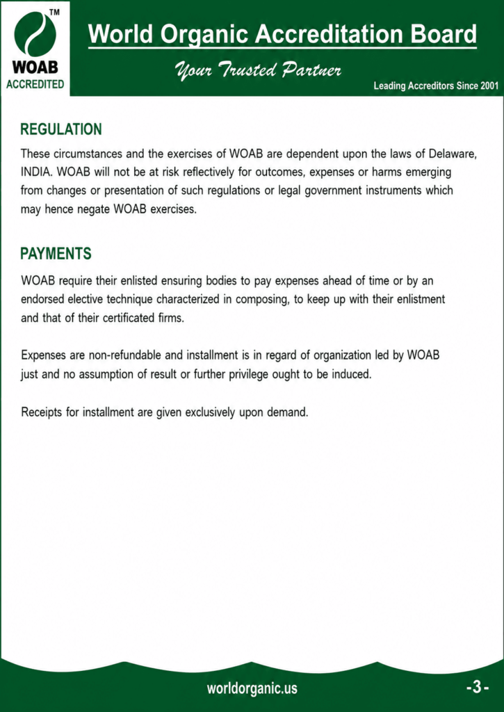 formal policy document page from the World Organic Accreditation Board outlining sections on regulation jurisdiction and payment conditions.