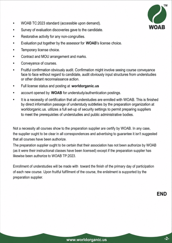 A professional white document page displaying the WOAB logo in the top-right corner, a bulleted list outlining the WOAB TC:2023 certification process and requirements, an "END" label at the bottom-right, and a green wave-style footer containing the website www.worldorganic.us