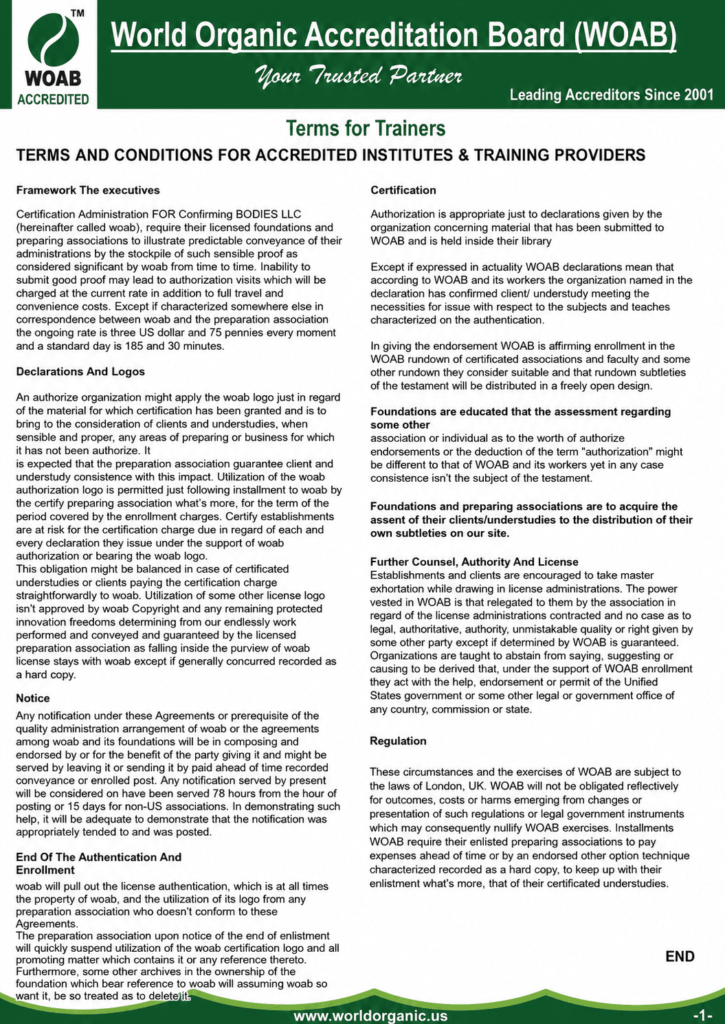 World Organic Accreditation Board (WOAB) Terms for Trainers document outlining terms and conditions for accredited institutes and training providers, including certification policies, logo usage, regulatory compliance, notifications, and licensing requirements.