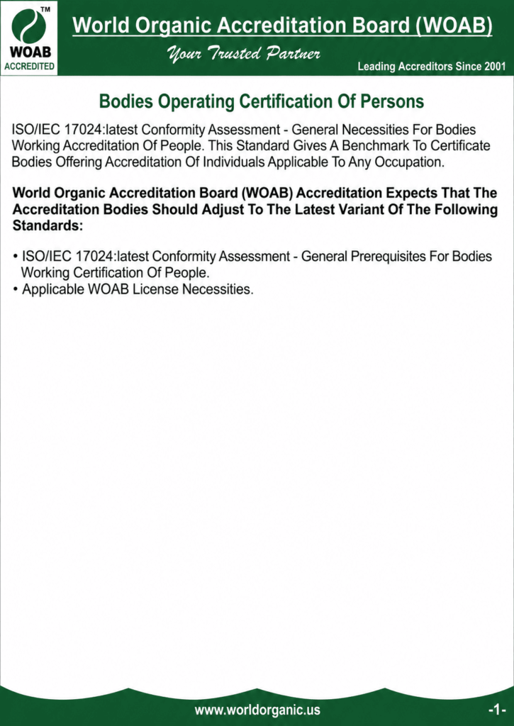 World Organic Accreditation Board (WOAB) ISO/IEC 17024 Certification of Persons accreditation information page explaining certification body requirements, conformity assessment standards, and WOAB licensing criteria.
