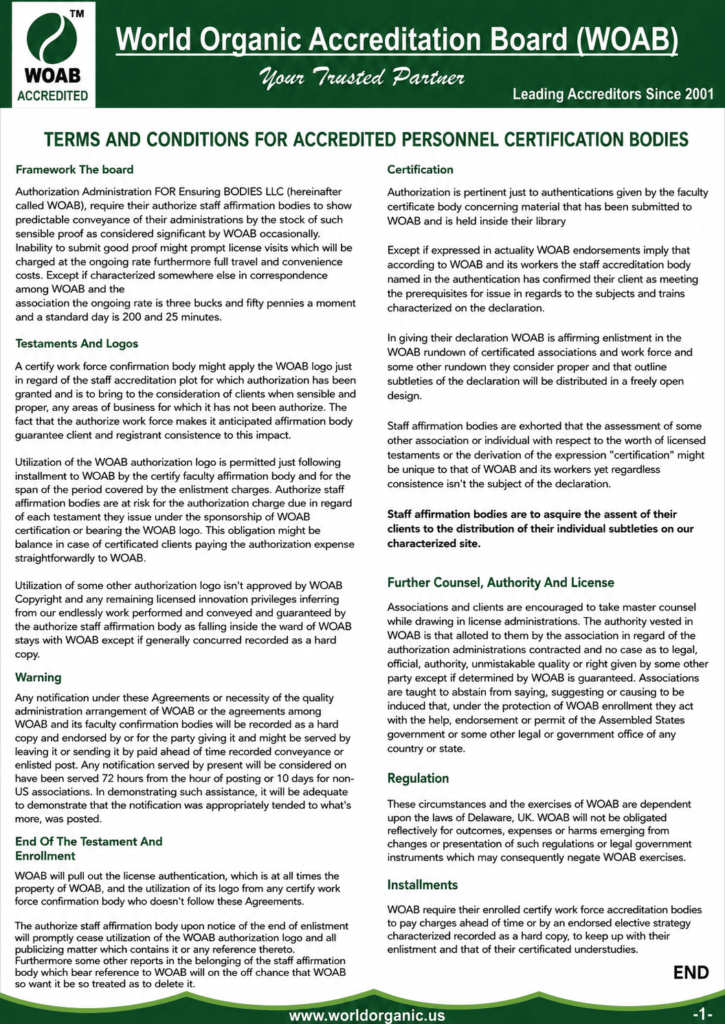 World Organic Accreditation Board (WOAB) Terms and Conditions for Accredited Personnel Certification Bodies document outlining certification requirements, logo usage, authorization policies, compliance guidelines, regulations, and licensing conditions.