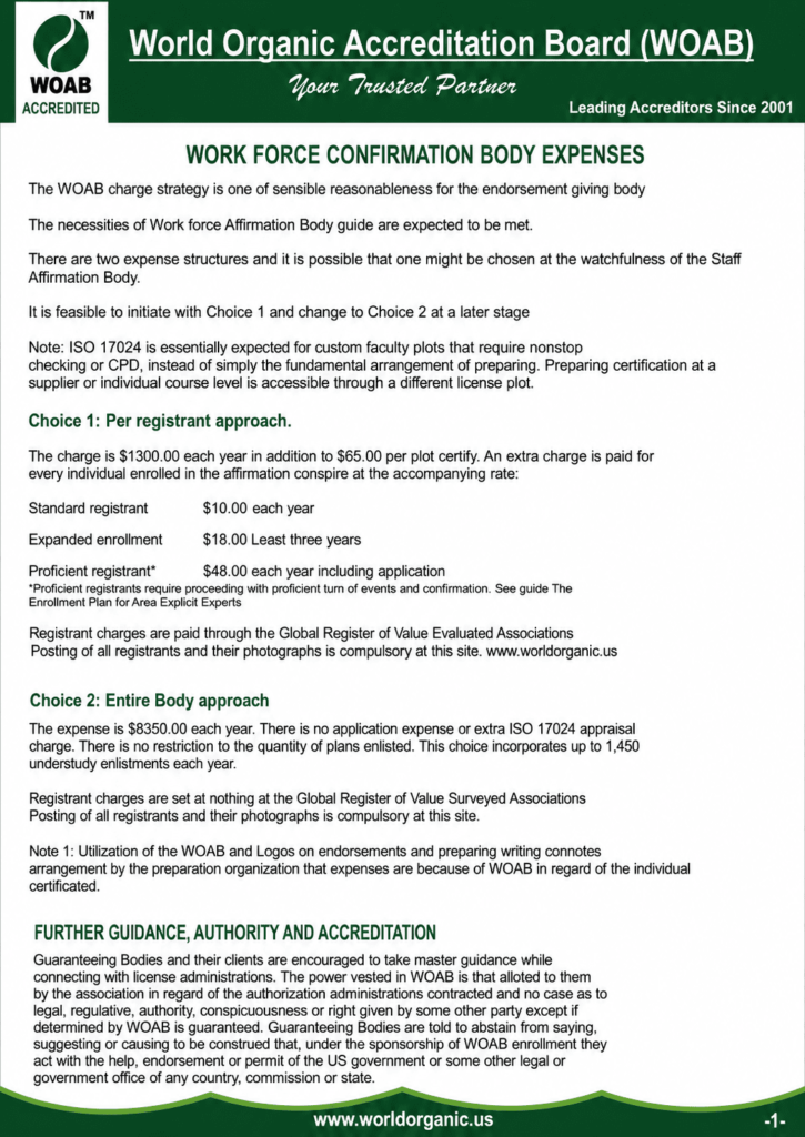 World Organic Accreditation Board (WOAB) Work Force Confirmation Body Expenses document detailing accreditation fees, certification cost structures, annual registration charges, ISO/IEC 17024 assessment fees, and payment options for certification bodies.