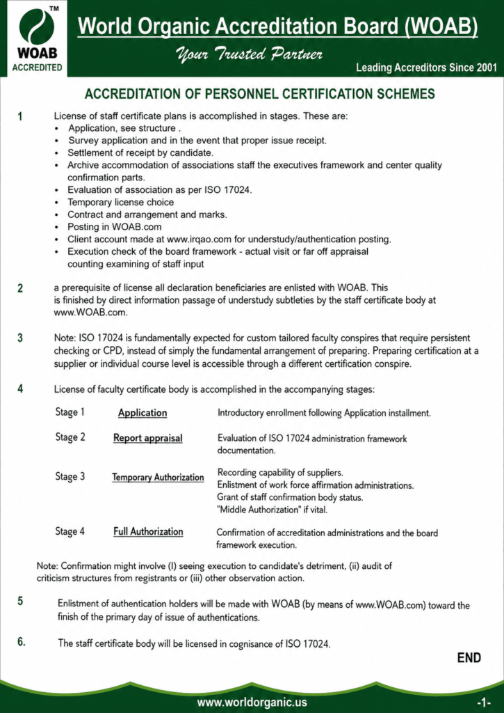 World Organic Accreditation Board (WOAB) Accreditation of Personnel Certification Schemes document outlining the ISO/IEC 17024 accreditation process, application stages, evaluation procedures, authorization levels, certification requirements, and registration guidelines.