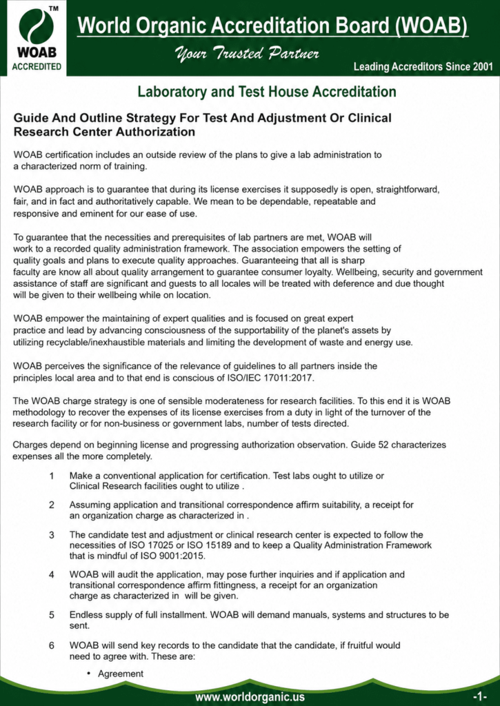 Professional WOAB Laboratory and Test House Accreditation guide document with a green corporate design, accreditation logo, laboratory certification process, and ISO-based quality management information for test laboratories and clinical research centers.