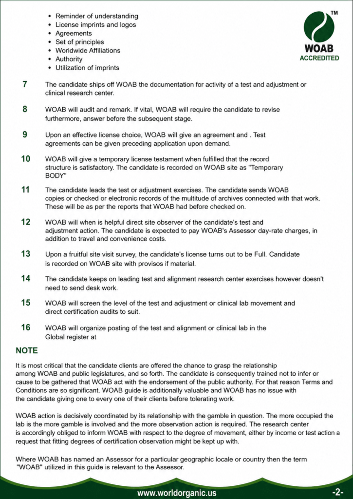 Page 2 of the World Organic Accreditation Board (WOAB) Laboratory and Test House Accreditation Guide featuring laboratory accreditation procedures, assessment stages, certification requirements, documentation guidelines, and ISO compliance information in a professional green-themed design.