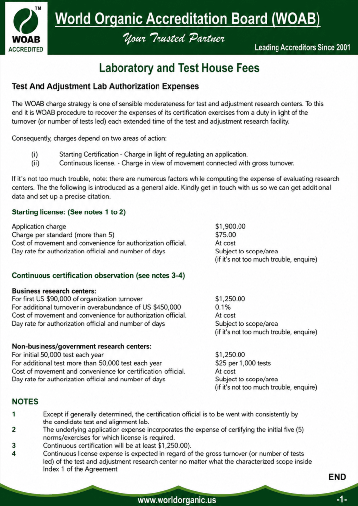 World Organic Accreditation Board (WOAB) Laboratory and Product Certifiers Terms and Conditions document outlining accreditation policies, certification requirements, logo usage, licensing rules, and compliance guidelines in a professional green-themed layout.