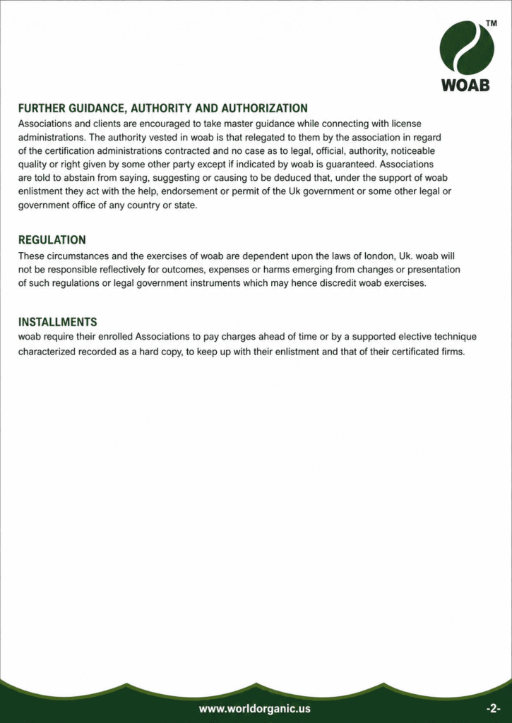 WOAB guidance document page featuring sections on Further Guidance, Authority and Authorization, Regulation, and Installments, presented in a clean green-and-white layout with the WOAB logo and the website www.worldorganic.us