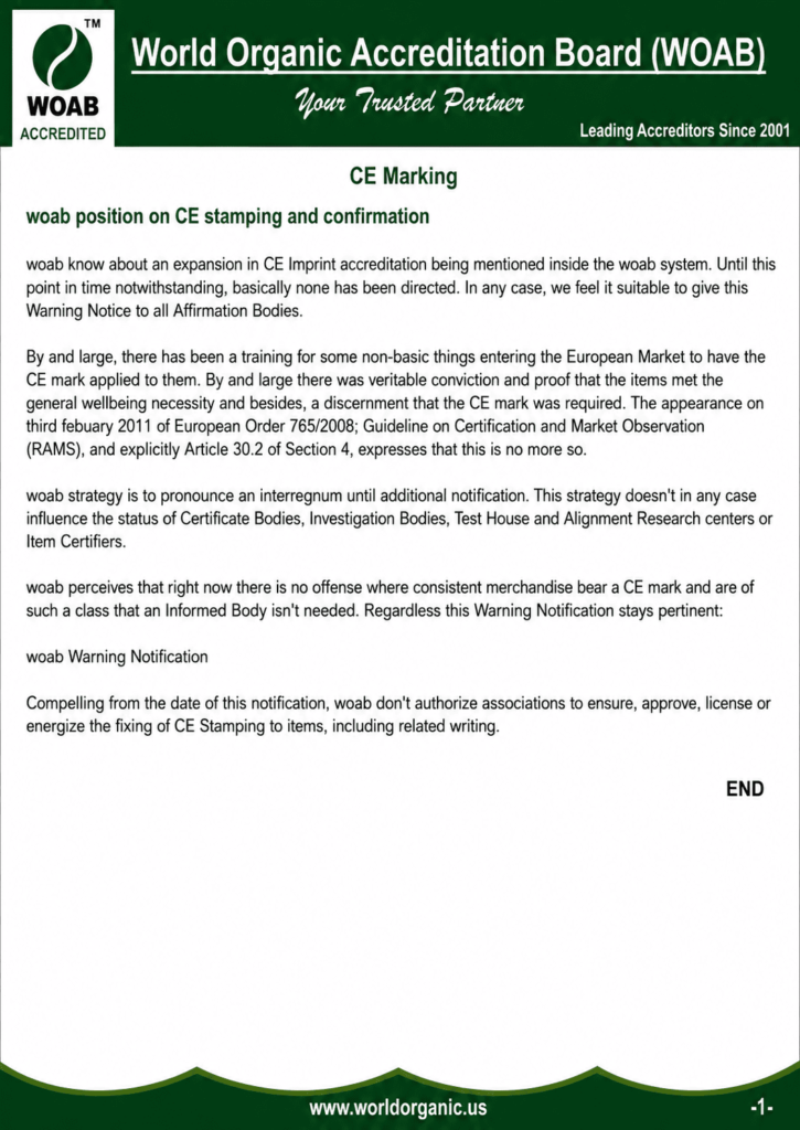 WOAB CE Marking policy document explaining the organization's position on CE marking, CE stamping, conformity confirmation, and certification guidance, featuring the WOAB logo and www.worldorganic.us