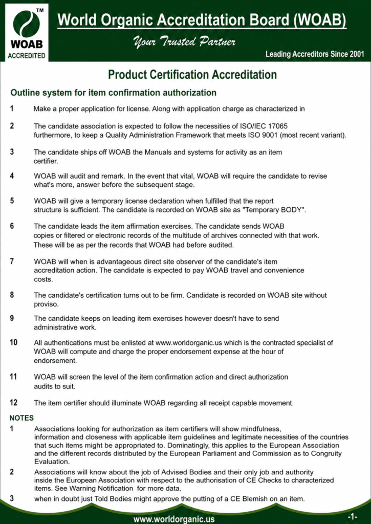 WOAB Product Certification Accreditation document outlining the product certification authorization process, ISO/IEC 17065 requirements, accreditation procedures, and application guidelines for certification bodies.