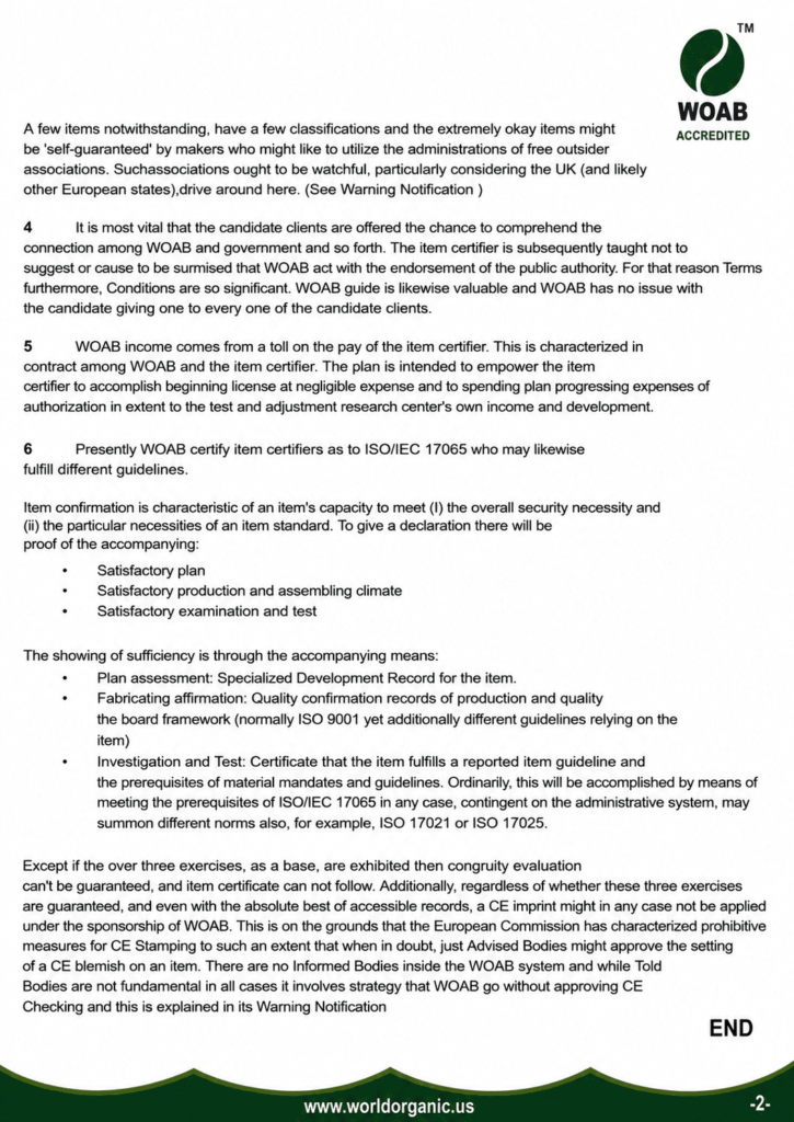 WOAB Product Certification Accreditation guidance page outlining product certification requirements, conformity assessment procedures, certification criteria, and ISO/IEC 17065 compliance in a clean, header-free document layout.