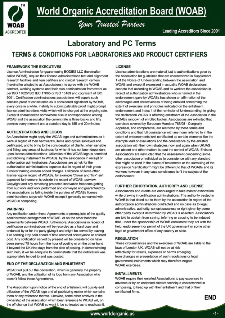 WOAB Laboratory and Product Certifiers Terms & Conditions document outlining licensing requirements, logo usage policies, regulatory obligations, agreements, authority, and certification guidelines for accredited organizations.