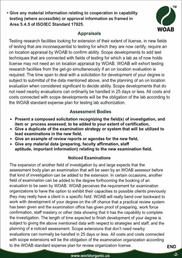 WOAB guidance document for extending the accreditation scope of testing laboratories and assessment bodies, including appraisal procedures, assessment requirements, and witnessed examinations under ISO/IEC 17025.