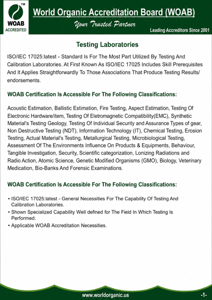 World Organic Accreditation Board (WOAB) Testing Laboratories accreditation document outlining ISO/IEC 17025 requirements, laboratory testing categories, and accreditation eligibility criteria.