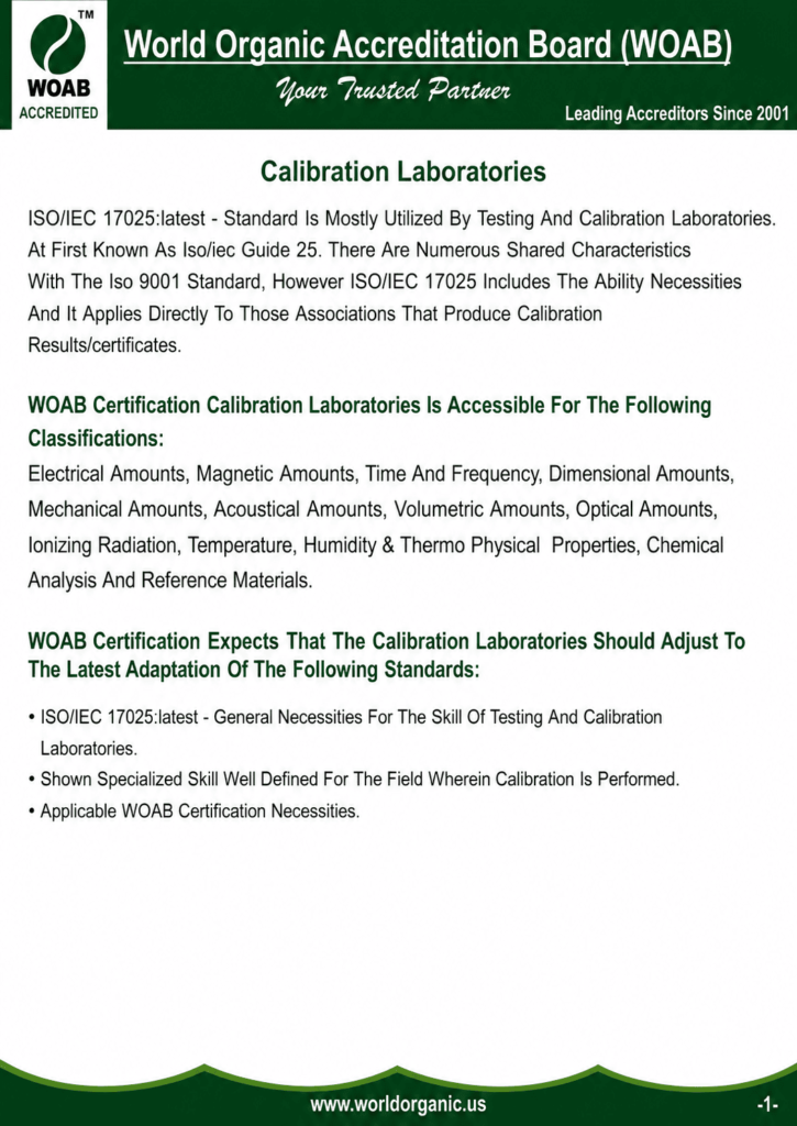 World Organic Accreditation Board (WOAB) Calibration Laboratories accreditation guide outlining ISO/IEC 17025 requirements, calibration disciplines, and eligibility criteria for accredited calibration laboratories.