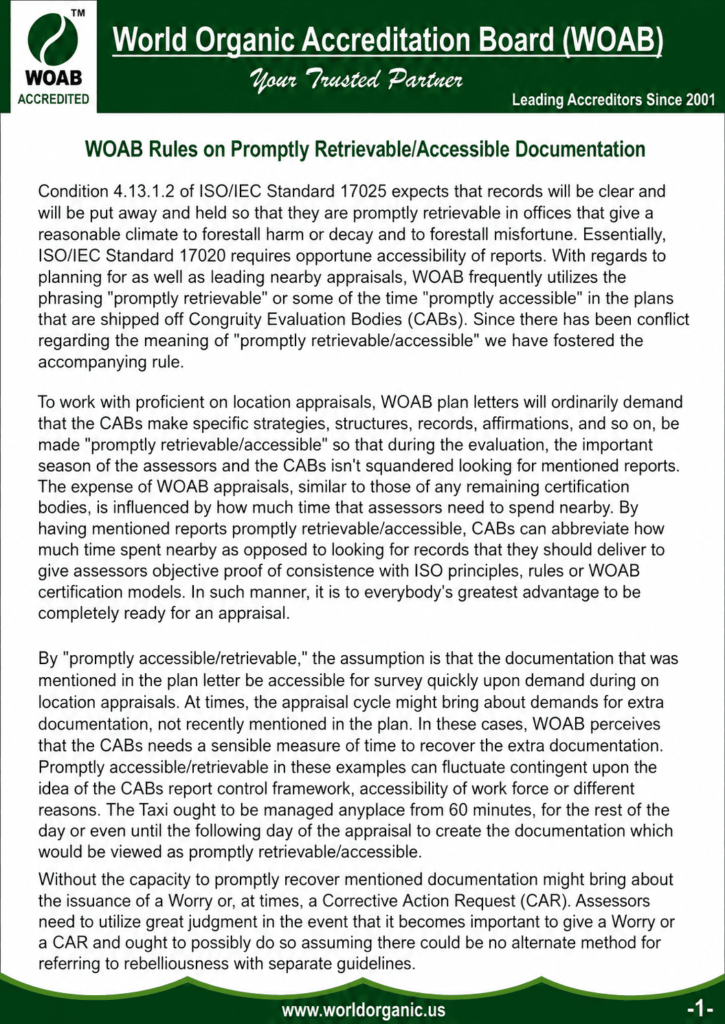 World Organic Accreditation Board (WOAB) guidance on promptly retrievable and accessible documentation for accredited laboratories and conformity assessment bodies in accordance with ISO/IEC 17025.