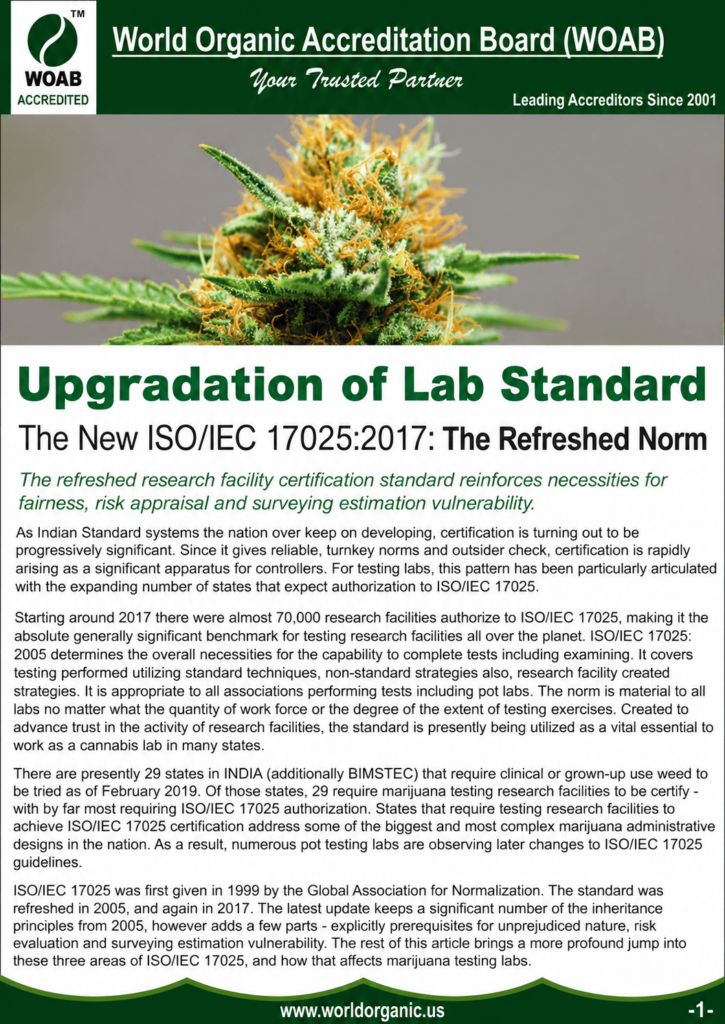 World Organic Accreditation Board (WOAB) infographic on ISO/IEC 17025:2017 laboratory standard updates, highlighting revised accreditation requirements, risk-based thinking, impartiality, and laboratory competence.