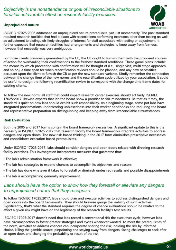 WOAB ISO/IEC 17025:2017 infographic explaining impartiality, risk-based thinking, and objectivity requirements for laboratory accreditation under the World Organic Accreditation Board (WOAB).