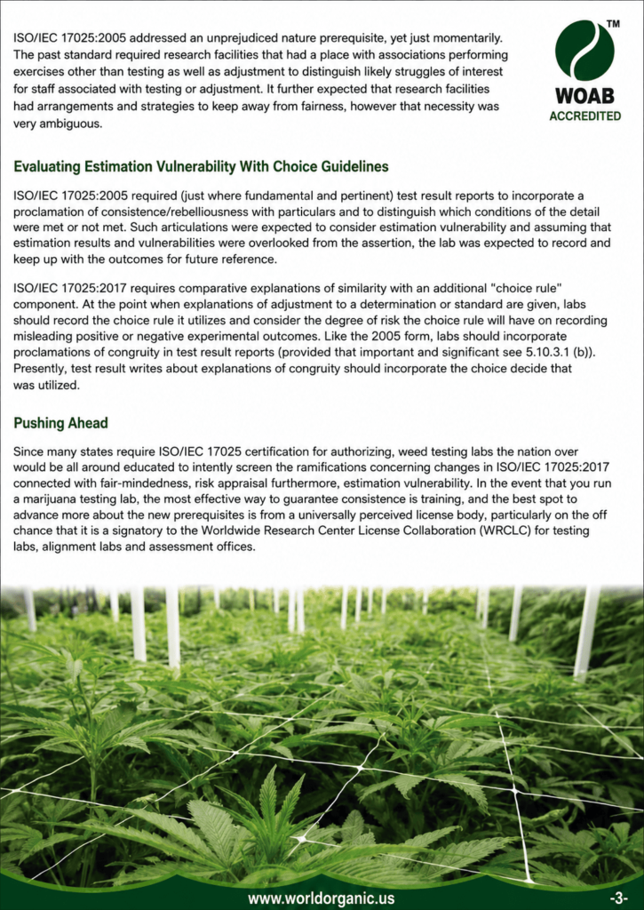 WOAB ISO/IEC 17025:2017 infographic explaining estimation uncertainty, decision rules, and risk-based laboratory accreditation requirements with a laboratory cultivation facility image.