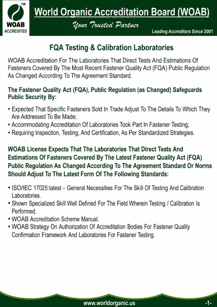 WOAB FQA Testing & Calibration Laboratories guideline poster explaining ISO/IEC 17025 accreditation requirements, Fastener Quality Act (FQA) regulations, laboratory testing standards, and calibration compliance for testing laboratories.