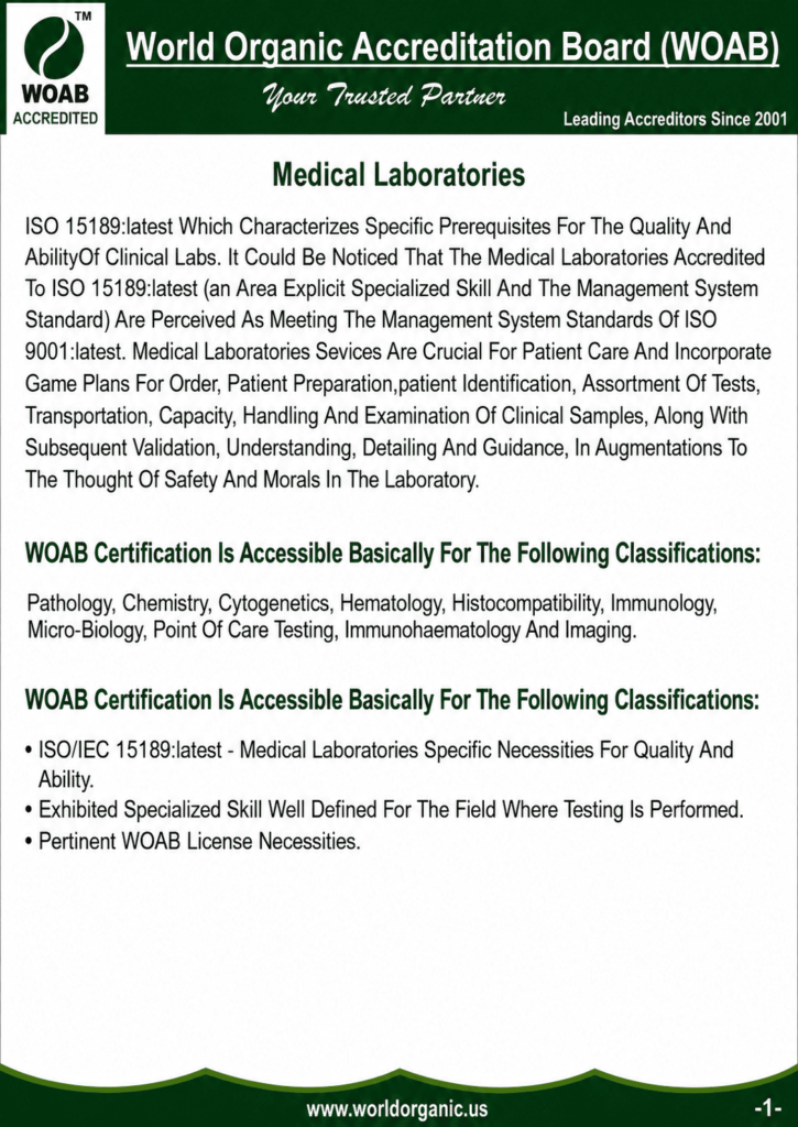 WOAB Medical Laboratories accreditation poster outlining ISO 15189 requirements for clinical laboratories, laboratory quality management systems, medical testing competence, and accreditation criteria.