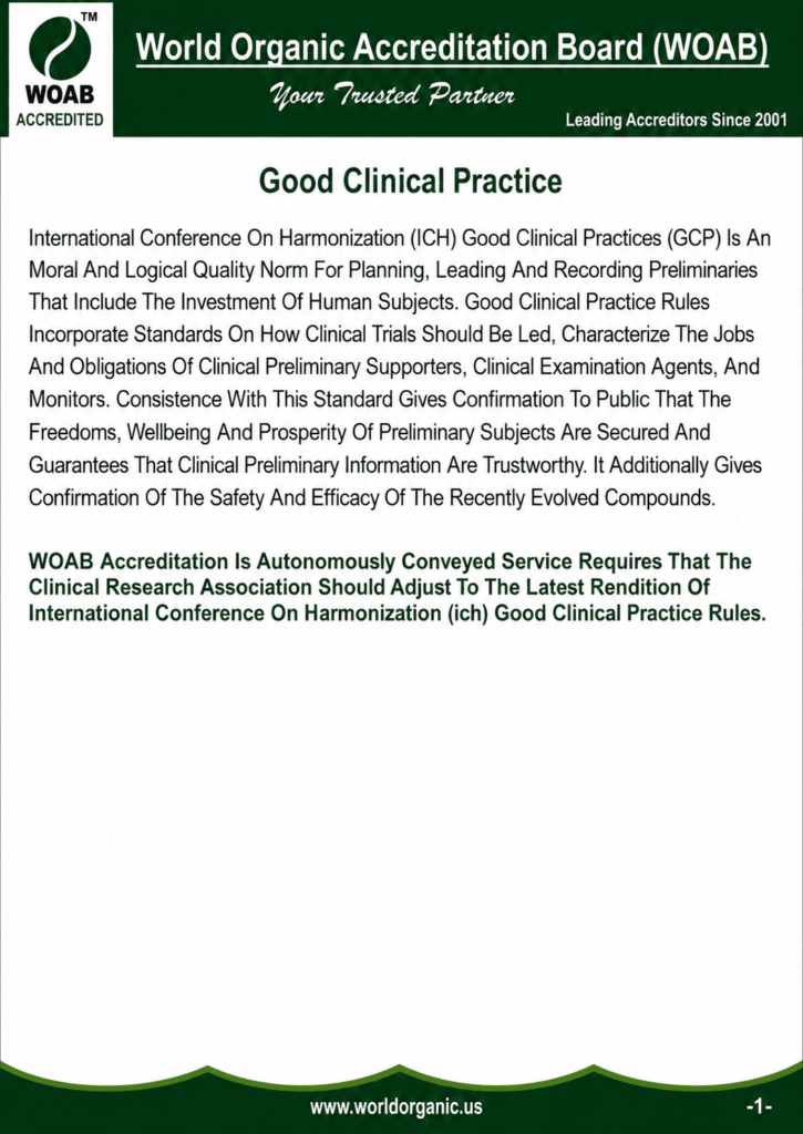 WOAB Good Clinical Practice (GCP) accreditation flyer explaining International Conference on Harmonization (ICH) Good Clinical Practice standards, clinical research quality requirements, and World Organic Accreditation Board (WOAB) accreditation services.