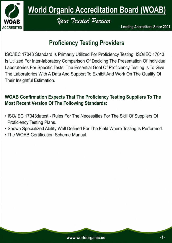 WOAB Proficiency Testing Providers accreditation flyer explaining ISO/IEC 17043 requirements for proficiency testing providers, interlaboratory comparisons, and laboratory quality assurance by the World Organic Accreditation Board.