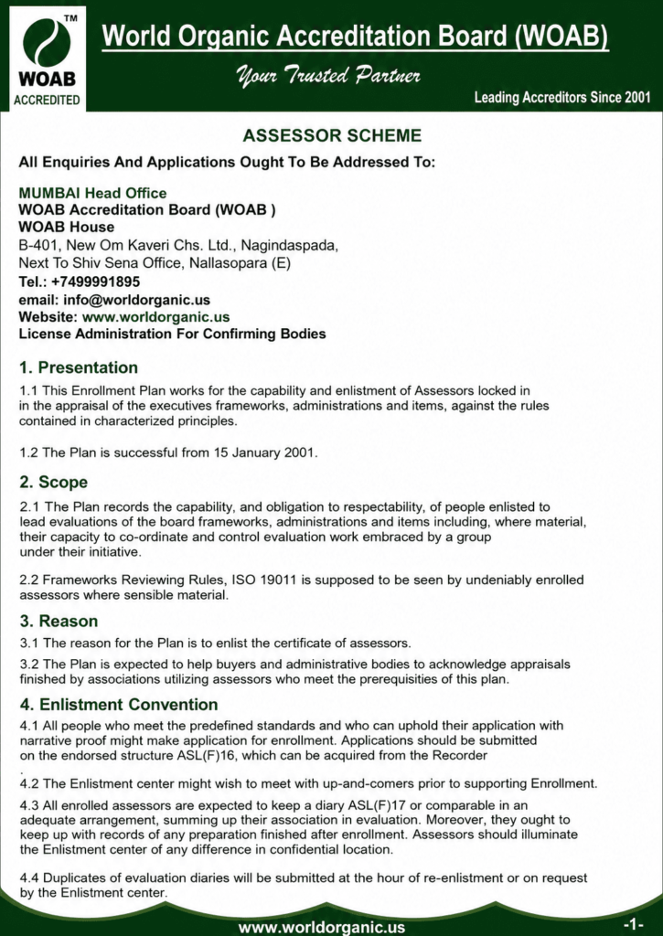 WOAB Assessor Scheme document featuring accreditation enrollment guidelines, Mumbai head office contact details, assessor presentation, scope, reason, and enrollment convention with World Organic Accreditation Board branding.