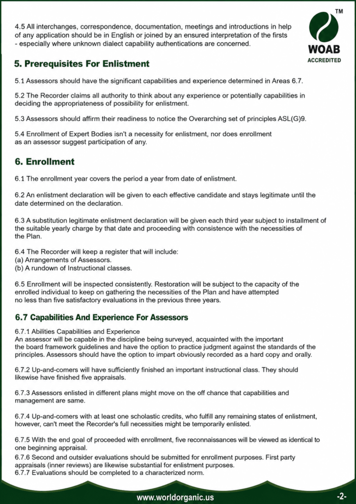 WOAB Assessor Scheme page detailing assessor prerequisites, enrollment process, eligibility requirements, capabilities, and experience guidelines with World Organic Accreditation Board branding.