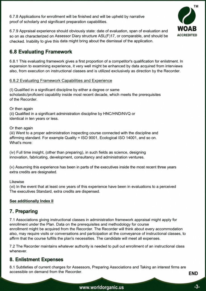WOAB Assessor Scheme document covering evaluation framework, assessor qualification criteria, training requirements, and enrollment expenses under the World Organic Accreditation Board.