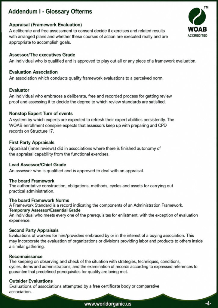 WOAB Assessor Scheme glossary document defining key accreditation, assessment, evaluator, auditor, and certification terms used by the World Organic Accreditation Board.