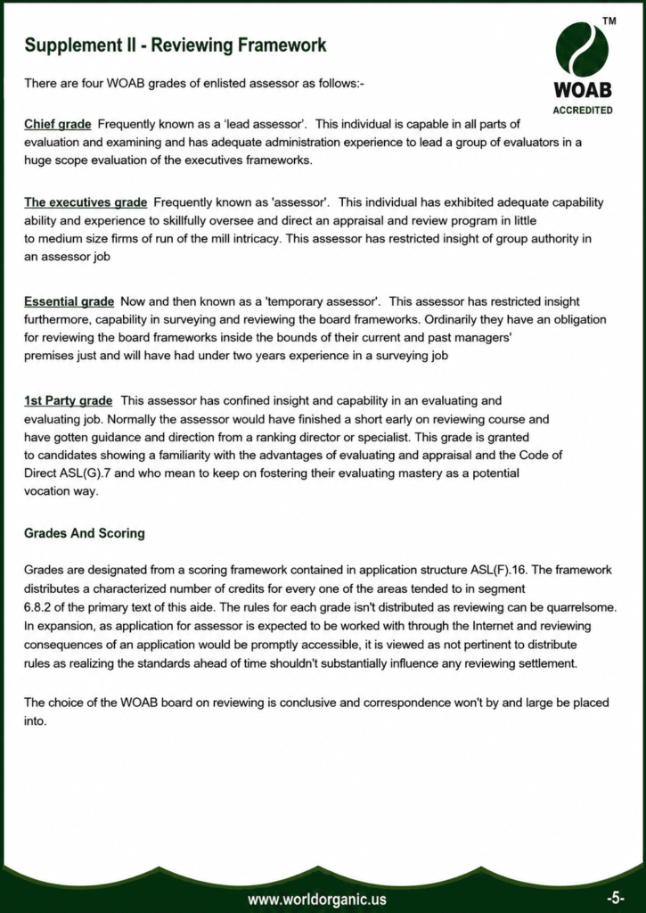 WOAB Assessor Scheme Supplement II document explaining assessor grades, reviewing framework, qualification levels, responsibilities, and scoring criteria by the World Organic Accreditation Board.