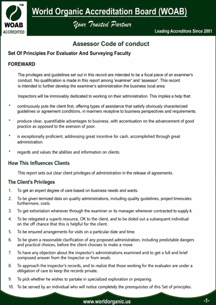 WOAB Assessor Code of Conduct document outlining ethical principles, evaluator responsibilities, client rights, and professional standards established by the World Organic Accreditation Board.