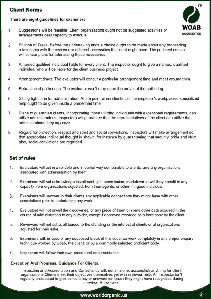 WOAB Client Norms and Code of Conduct document outlining examiner guidelines, professional rules, client service standards, ethical responsibilities, confidentiality requirements, and execution guidance for accreditation assessors.