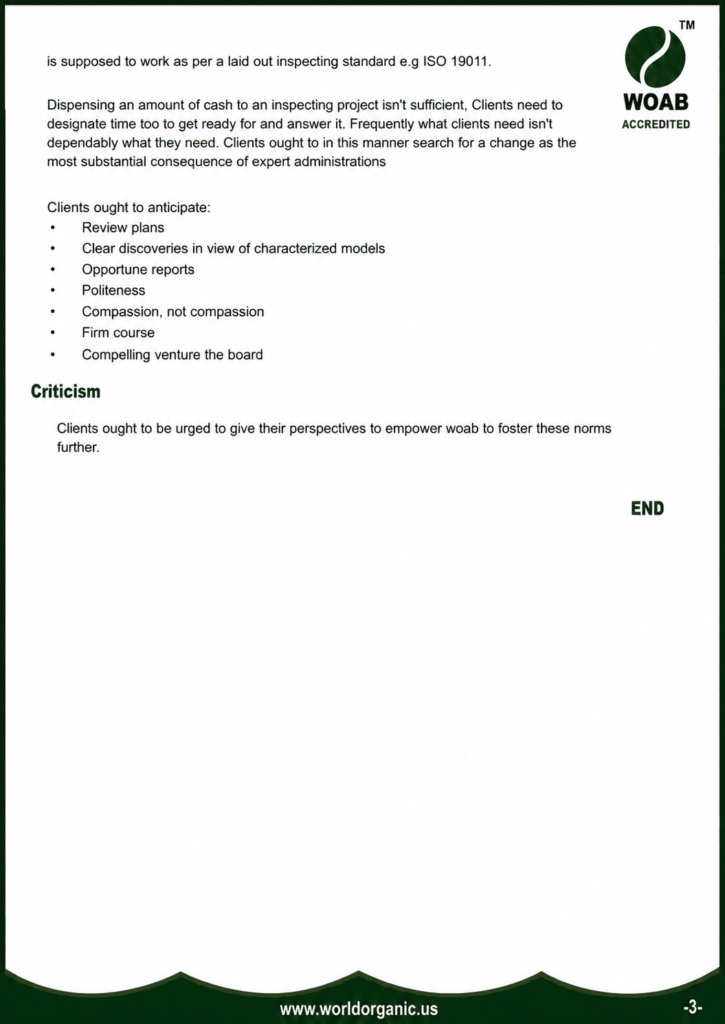 WOAB Client Expectations and Feedback Guidelines document outlining client responsibilities, review expectations, communication standards, professional conduct, and feedback procedures for accreditation and inspection services.