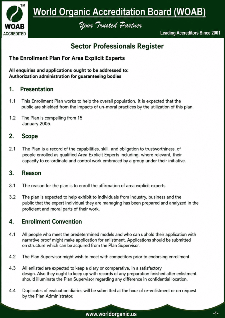 WOAB Sector Professionals Register document outlining the enrollment plan for area explicit experts, including presentation, scope, reason, and enrollment convention, with World Organic Accreditation Board branding and website www.worldorganic.us