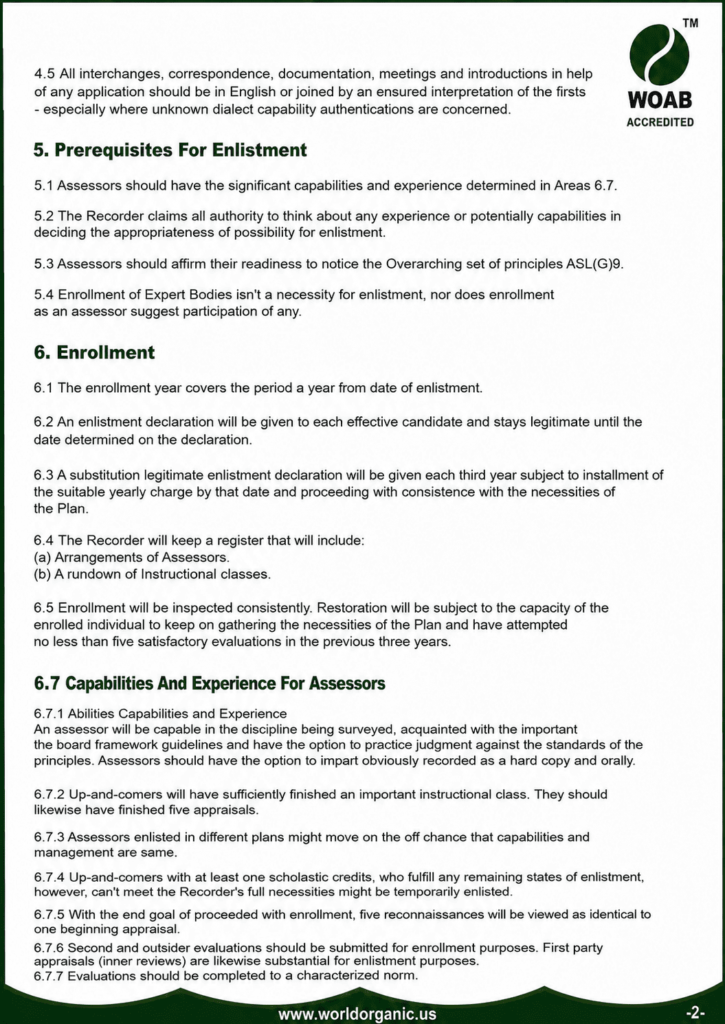 Edited WOAB accreditation document page with the header removed, retaining the WOAB Accredited logo in the top-right corner and displaying enrollment requirements and capabilities sections.