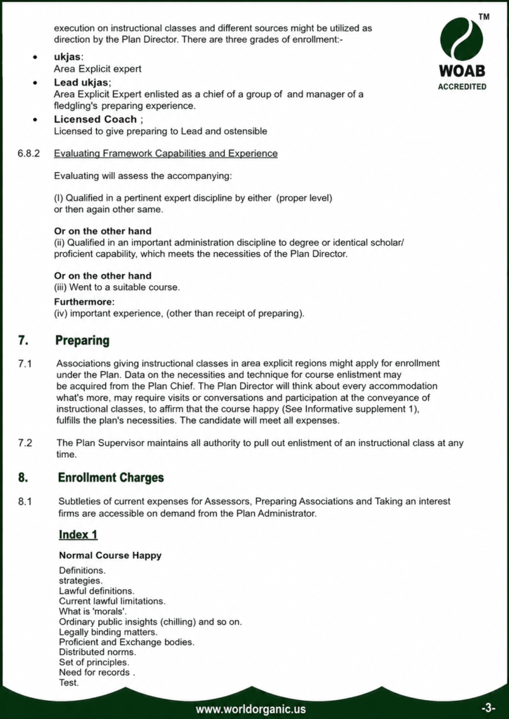 WOAB accreditation document page outlining evaluation framework capabilities, training requirements, enrollment charges, and course content with the WOAB Accredited logo and World Organic Accreditation Board branding.