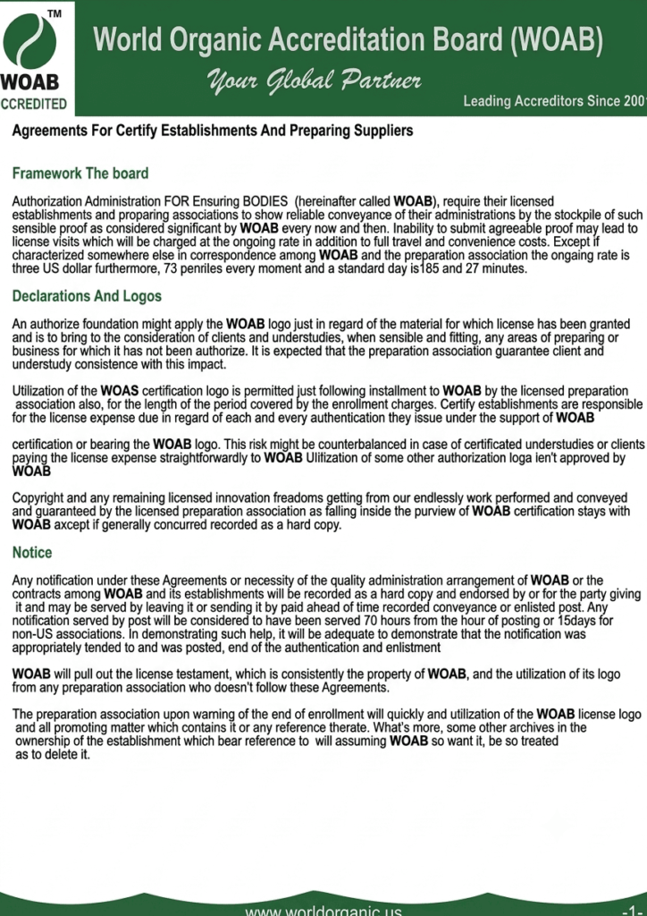 A formal accreditation agreement document for the World Organic Accreditation Board (WOAB) with updated branding, website, and organizational name.