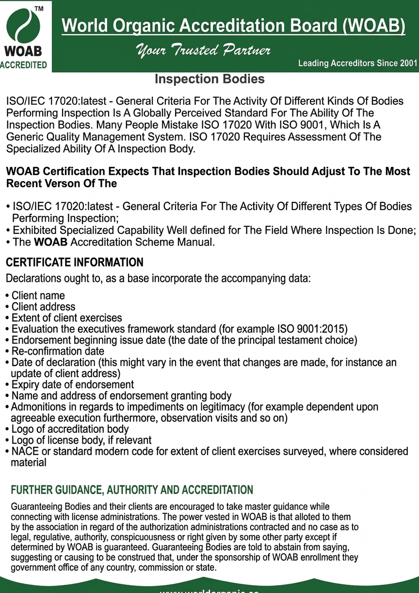 A professional accreditation document on World Organic Accreditation Board (WOAB) letterhead. The top section is green with a circular white and green abstract logo on the left labeled "WOAB ACCREDITED" and the tagline "Your Trusted Partner" with "Leading Accreditors Since 2001" on the right. The page contains formatted text detailing specifications for "Inspection Bodies," including ISO/IEC 17020 requirements, a "CERTIFICATE INFORMATION" list, and a "FURTHER GUIDANCE, AUTHORITY AND ACCREDITATION" section. The footer shows a partial web address "www.worldorganic.us" and the page number 2.