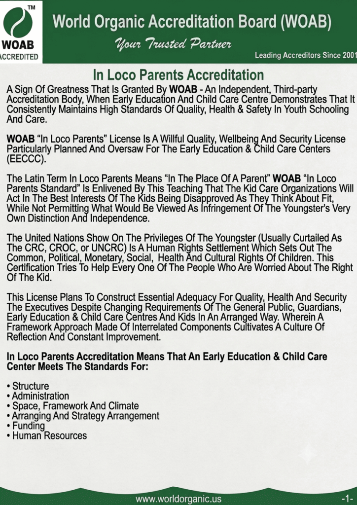A document titled "World Organic Accreditation Board (WOAB)" detailing the "In Loco Parents Accreditation" standards, featuring the organization's logo and website address at the bottom.