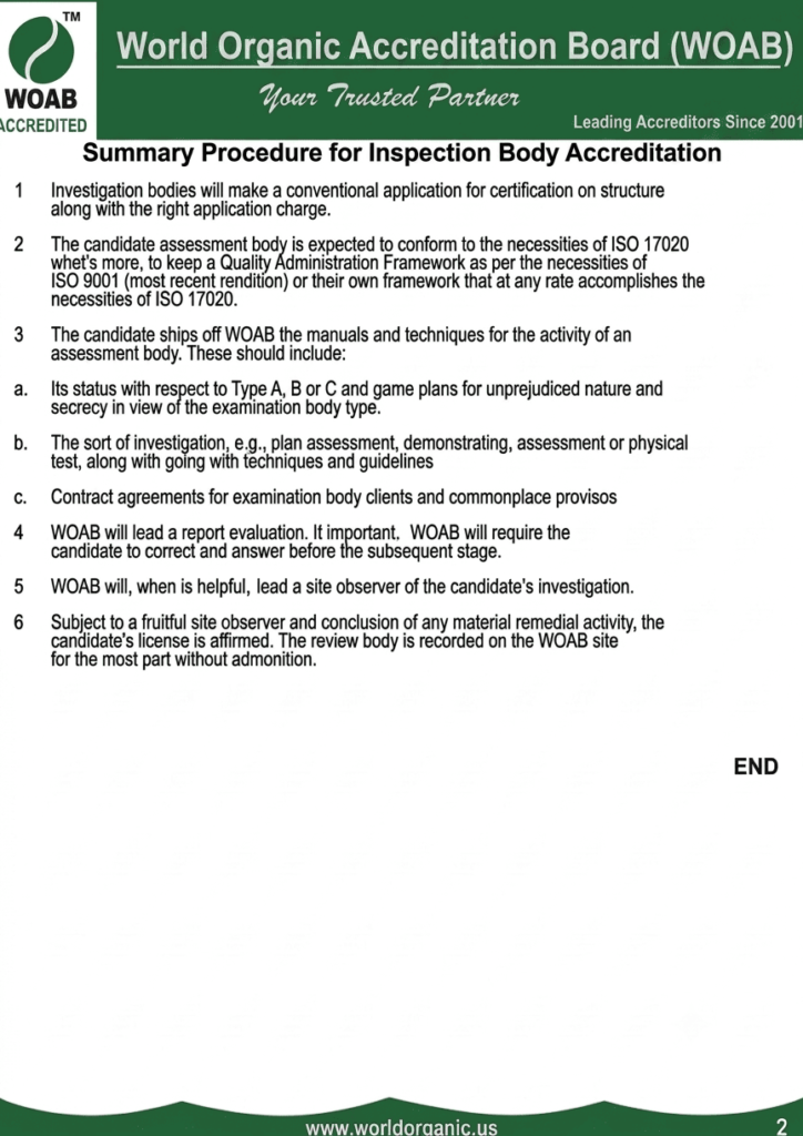 This image displays a professional business document on World Organic Accreditation Board (WOAB) letterhead detailing the summary procedure for inspection body accreditation. It features the WOAB logo in the top left, a title, a brief introductory text, a numbered list from one to six, three subpoints (a, b, and c) under item three, and the word 'END' at the bottom.