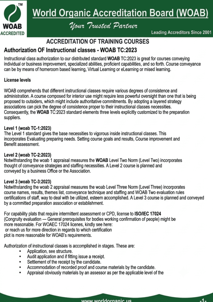 A screenshot of an official document from the World Organic Accreditation Board (WOAB) detailing the Accreditation of Training Courses under standard WOAB TC:2023, including license levels (Level 1, 2, and 3) and the authorization process for instructional classes.