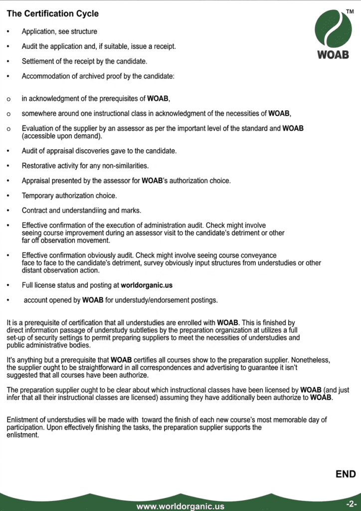 A formal document detailing 'The Certification Cycle' on a clean white page. The top right corner features a modern, green WOAB logo with a wave design and '™' symbol. The body text contains a numbered and bulleted list and paragraphs outlining the cycle. In the footer, there's a deep green decorative border with centered white text reading 'www.worldorganic.us' and the page number '-2-' to the right. All text is crisp and in black.